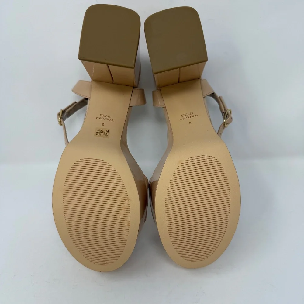 New Stuart Weitzman Gala Patent Leather Sandals Golden Beige Sz 9
